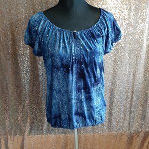 Lavish Women's Blue Tie Dye with Shimmer Sequin Scoop Neck Top Size: S